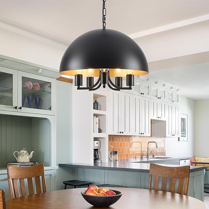 Black and Gold Ceiling Light - 17.7 Inch Black Large Farmhouse Dome Dining Room Chandelier 5-Lights Kitchen Island Pendant Hanging Lighting Modern Foyer Entryway Hallway