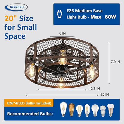 Depuley Flush Mount Ceiling Fan: 20" Caged Ceiling Fans with Lights and Remote App Control for Kitchen Bedroom Farmhouse - Rustic Low Profile Ceiling Fandelier Lights Reversible 6 Speed Timer Walnut