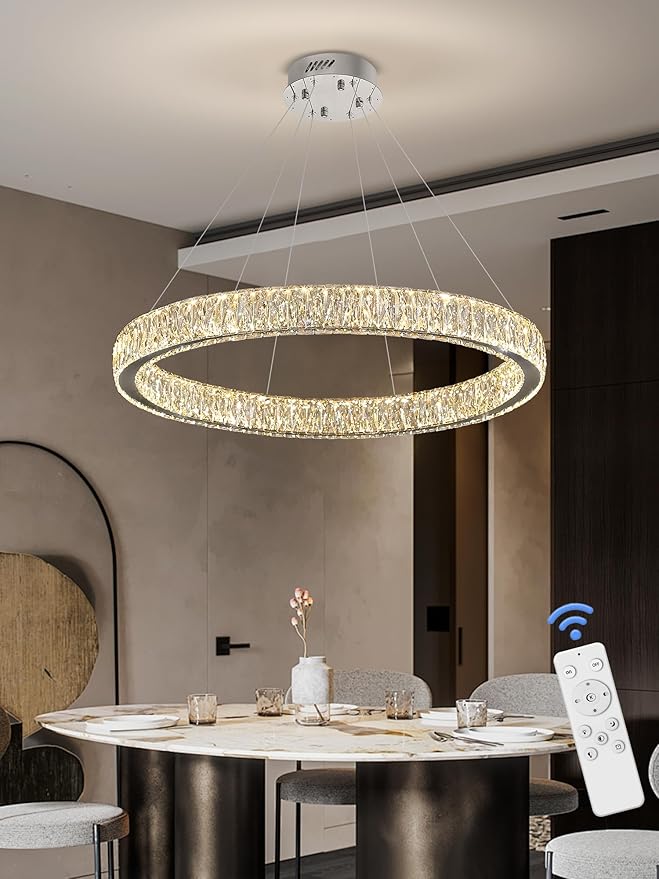 Modern LED Dimmable Crystal Chandelier 31.5" Ring Pendant Light Adjustable Round Chrome Crystal Chandelier Light Fixtures for Dining Room Living Room