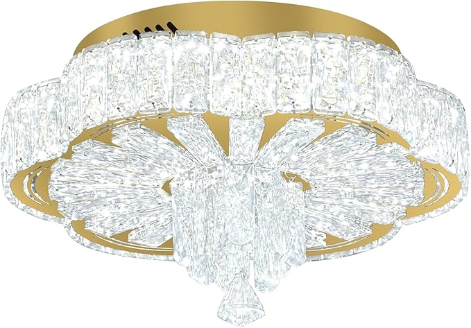 16in Gold Crystal Chandeliers for Living Room Dining Room Crystal Ceiling Light Fixtures Modern LED Flush Mount Light Dimmable 2700k-6000k
