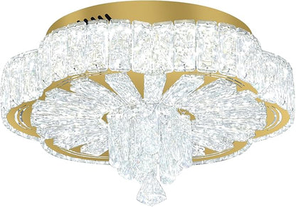 16in Gold Crystal Chandeliers for Living Room Dining Room Crystal Ceiling Light Fixtures Modern LED Flush Mount Light Dimmable 2700k-6000k