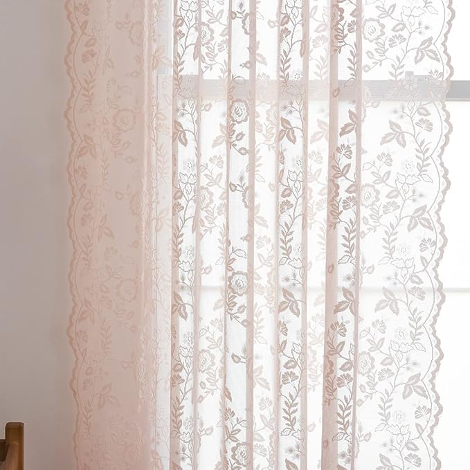 FINECITY Sheer Lace Curtains 72 Inch Length - Country Branch Floral Embroidered Lace Sheer Curtains 2 Panels Set, Privacy Sheer Vintage Scalloped Lace Window Curtains, 52 x 72 Inch, Blush Pink