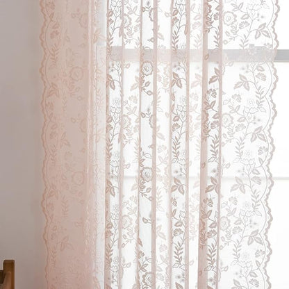 FINECITY Sheer Lace Curtains 72 Inch Length - Country Branch Floral Embroidered Lace Sheer Curtains 2 Panels Set, Privacy Sheer Vintage Scalloped Lace Window Curtains, 52 x 72 Inch, Blush Pink