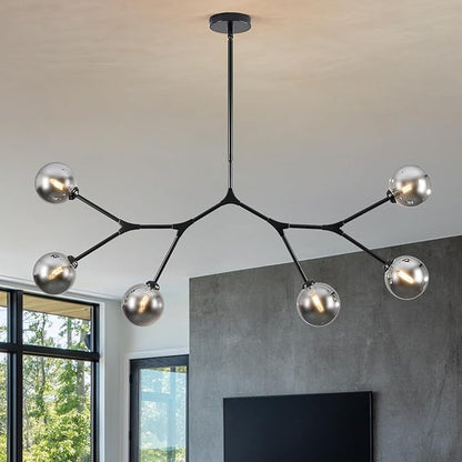 6 Lights Sputnik Chandelier for Dining Room L45’’ Black Modern Pendant Light Fixture with Black Clear Glass Shade Large Mid Century Chandeliers for Kitchen Island Living Room Foyer
