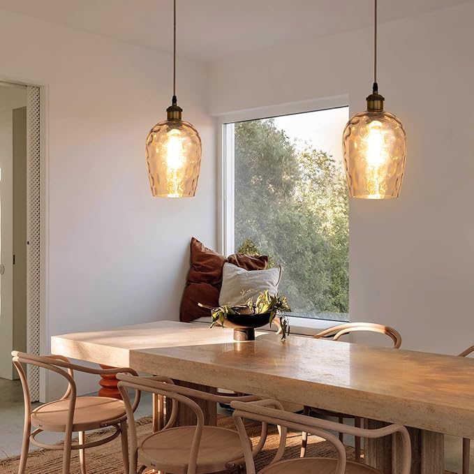 Amber Plug in Pendant Light with Plug in Cord 16.4FT Cord Hand Blown Glass Hanging Lamp with Dimmable Switch E26 Plug in Ceiling Light Fixture for Dining Room Living Room Bar (Bulb not Included)