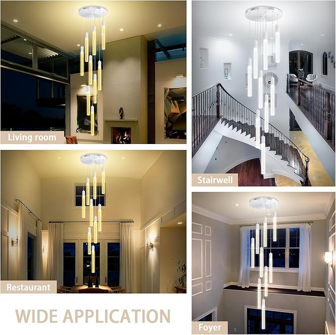 9-Light Silver High Ceiling Crystal Staircase Chandelier, Modern Spiral Raindrop Crystal Column Bubble Dimmable LED Cluster Hanging Chandeliers for Foyer Living Room Entrance