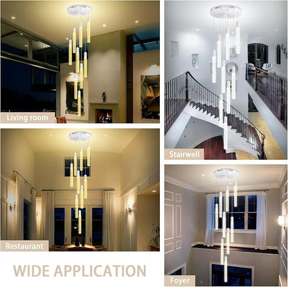 9-Light Silver High Ceiling Crystal Staircase Chandelier, Modern Spiral Raindrop Crystal Column Bubble Dimmable LED Cluster Hanging Chandeliers for Foyer Living Room Entrance