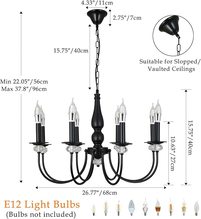 Black Chandelier, 8-Light Farmhouse Candle Chandelier for Living Room, Rustic Industrial Pendant Chandeliers for Dining Room, Vintage Crystal Hanging Light fixture for Hallway Kitchen Foyer E12