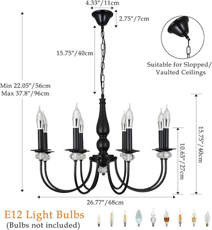 Black Chandelier, 8-Light Farmhouse Candle Chandelier for Living Room, Rustic Industrial Pendant Chandeliers for Dining Room, Vintage Crystal Hanging Light fixture for Hallway Kitchen Foyer E12