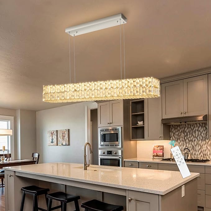 47 Inch Rectangular Crystal Chandelier Glam Dimmable LED Chandeliers for Dining Room Linear Pendant Light with Remote Control for Kitchen Island Silver