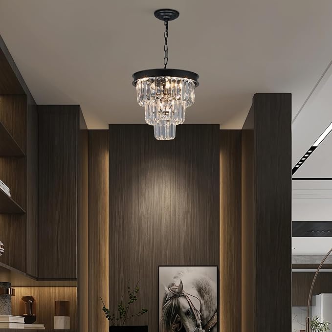 Weesalife Crystal Chandeliers for Dining Room Light Fixtures Over Table，4-Lights Modern Black Crystal Pendant Lighting Fixture，3 Tiers Small Chandeliers for Kitchen Island Bedroom Entryway D12 Inch