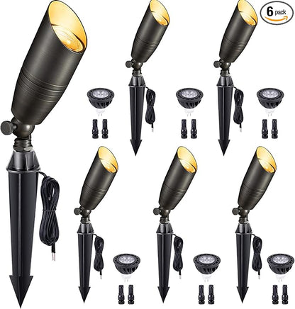 Gardenreet Low Voltage Spot Lights - Solid Brass Landscape Spotlight Wired, 12V Outdoor LED Bullet Uplights, Waterproof Electric Bronze for Patio Wall with 5000K Daylight MR16 Bulb (6 Pack)