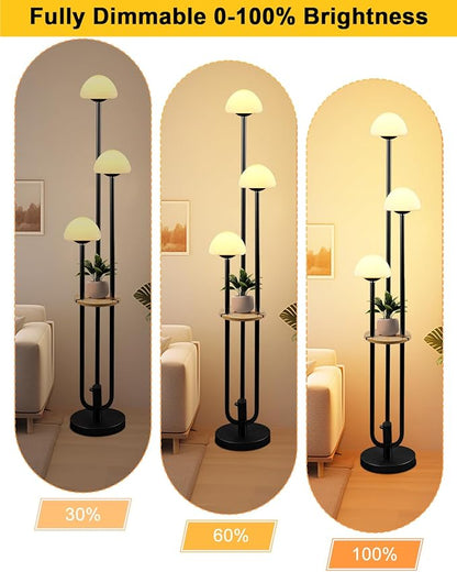 Black Dimmable Floor Lamp with Table, Modern Floor Lamps with Mushroom Shades for Living Room, 3000K Warm White Tall Standing Lamp with Bulbs& 5Lbs Heavy Base for Bedroom/Office
