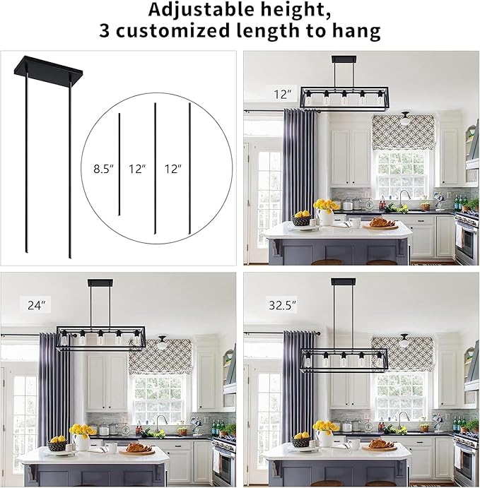 Farmhouse Dining Room Light Fixture - 5 Light Matte Black Rectangle Light Fixture with Adjustable Height & Thickened Metal Dining Table Fixture Chandeliers for Dining Room&Kitchen Island
