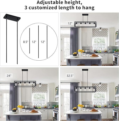 Farmhouse Dining Room Light Fixture - 5 Light Matte Black Rectangle Light Fixture with Adjustable Height & Thickened Metal Dining Table Fixture Chandeliers for Dining Room&Kitchen Island