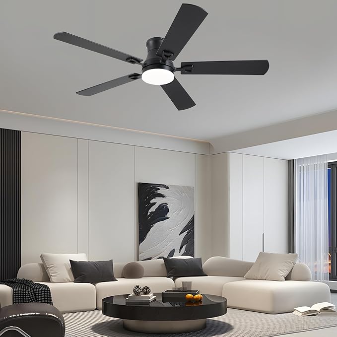 KNUN Ceiling Fans with Lights,52 Inch Low Profile Ceiling Fan with Light and Remote Control,Flush Mount,6 Speeds DC Reversible Motor, 3CCT Dimmable, Noiseless Black Ceiling Fan for Living Room,Patio