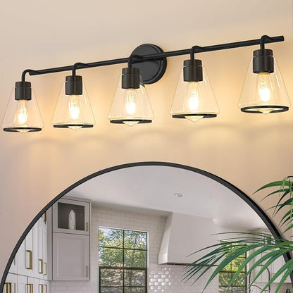 Bathroom Vanity Light 5 Light, Modern Vanity Lighting Fixture for Bathroom, 38.5" Vanity Lights with Clear Glass Shade, Black Bath-Room Wall Light Over Mirror, Wall Sconces for Bath
