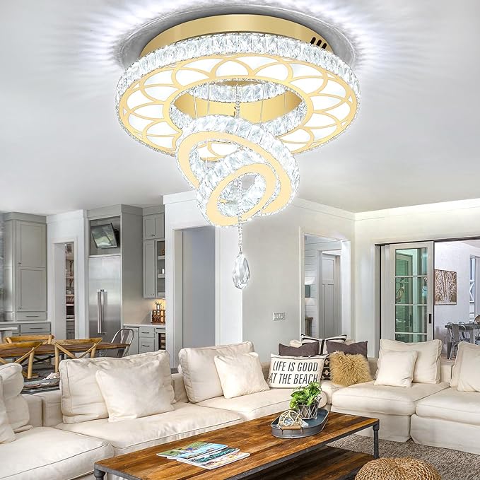 Flashing God 20" Modern Crystal Chandeliers for Living Room Gold Ceiling Chandelier LED Crystal Ceiling Light Flush Mount Chandelier for Bedroom Dining Room Entryway
