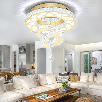 Flashing God 20" Modern Crystal Chandeliers for Living Room Gold Ceiling Chandelier LED Crystal Ceiling Light Flush Mount Chandelier for Bedroom Dining Room Entryway