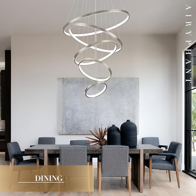 5 Rings Brushed Nickel Ring Chandeliers Moedrn LED Chandeliers Dimmable Foyer Chandelier for High Ceiling Dimmable Contemporary Nickel Chandelier for Living Room Staircase Entryway, 3000K-6500K