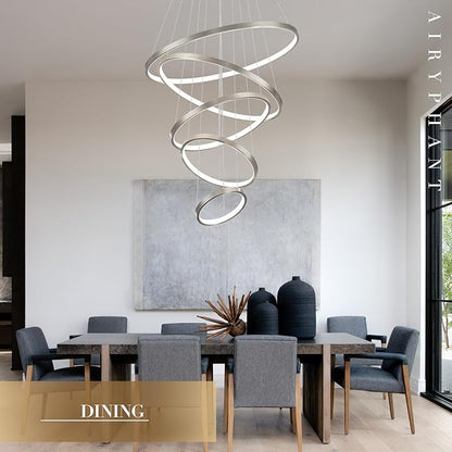 5 Rings Brushed Nickel Ring Chandeliers Moedrn LED Chandeliers Dimmable Foyer Chandelier for High Ceiling Dimmable Contemporary Nickel Chandelier for Living Room Staircase Entryway, 3000K-6500K