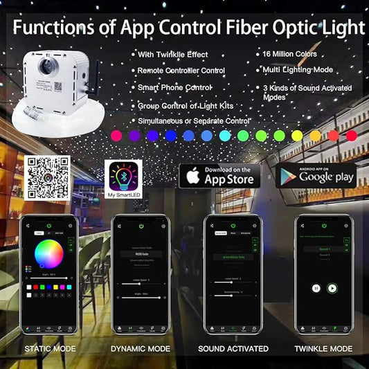 AKEPO 32W APP Twinkle Fiber Optic Lights Kit Music Activated RGBW Star Headliner Kit, 1200pcs 16.4ft/5m 0.03in/0.75mm Optical Fiber Cable + 28key Remote + Crystals for Car Headliner Starlight & Home