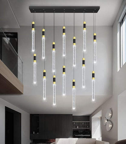 14-Lights Modern Rectangular Chandeliers for Living Room LED Dimmbale Light Fixture for High Ceiling Pendants Lighting for Dining Room