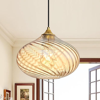 Glass Pendant Lights Kitchen Island, 11'' Gold Pendant Lighting Fixtures, Modern Hanging Ceiling Light with Striped Amber Glass Shade for Farmhouse Dining Room Bedroom Hallway(1 Pack)