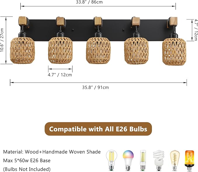 LmnLvn 36" Boho Bathroom Light Fixture, 5-Light Farmhouse Vanity Light, Rattan Bathroom Light Fixture Over Mirror Rustic Vanity Lighting with Handwoven Shades, Suit for Restroom, Bedroom, Hallway