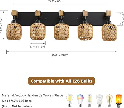 LmnLvn 36" Boho Bathroom Light Fixture, 5-Light Farmhouse Vanity Light, Rattan Bathroom Light Fixture Over Mirror Rustic Vanity Lighting with Handwoven Shades, Suit for Restroom, Bedroom, Hallway