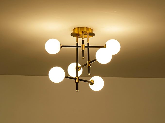 6-Light Rotatable Glass Bubble Ceiling Lights, Modern Flushmount Light Fixture for Dining Room, Bedroom, D20 * H15.5 inch, Milk Glass Bubble & Black & Gold Finish