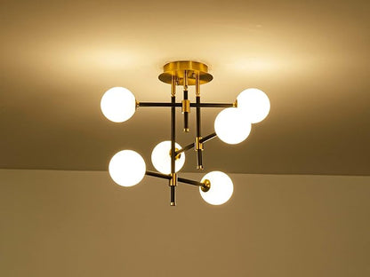 6-Light Rotatable Glass Bubble Ceiling Lights, Modern Flushmount Light Fixture for Dining Room, Bedroom, D20 * H15.5 inch, Milk Glass Bubble & Black & Gold Finish