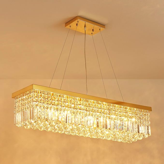 Saint Mossi 8-Lights K9 Crystal Chandelier for Dining Room, Rectangular Pendant Light Fixture for Kitchen Island, Raindrop Chandelier, X-Large Size, Chain Adjustable