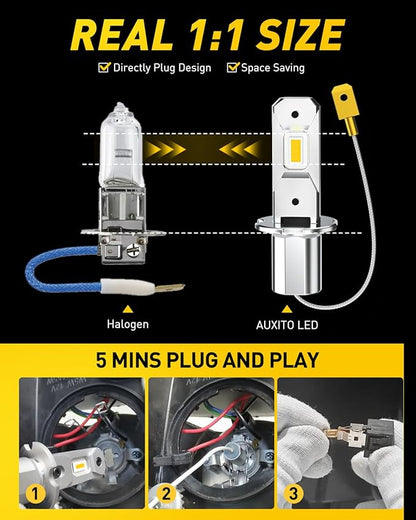 AUXITO H3 LED Bulb Yellow 3000K, 16,000LM 600% Super Brighter, 10 Years Lifespan, 1:1 Size Plug-n-Play, 100% Perfect Installation, H3 LED Fog Lighr Bulb for Fog Lamp, DRL, Canbus Ready, Pack of 2