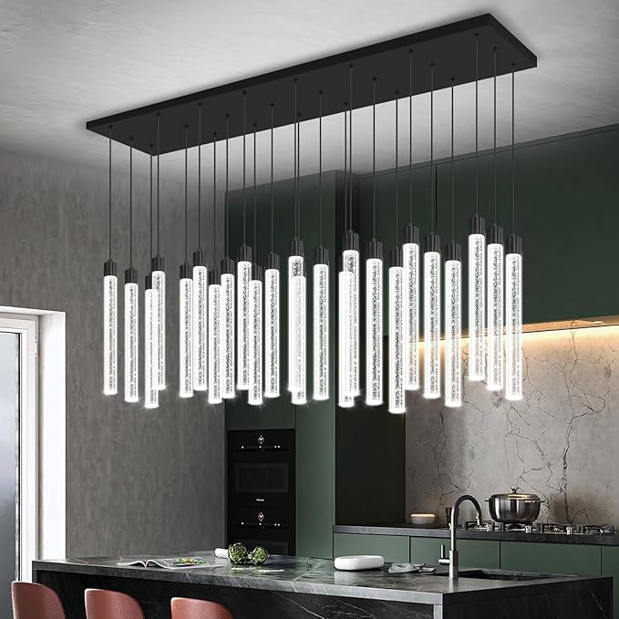 Modern Rectangular Crystal Chandeliers LED Dimmable Crystal Column Chandelier Living Room Foyer Crystals Pendant Light for Dining Room Adjustable Height 24-Light Black