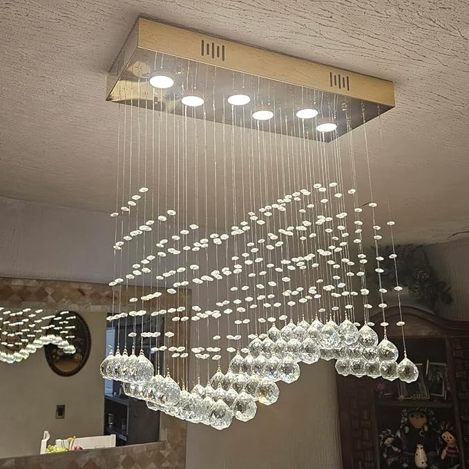 Modern Gold Wave Rectangular Chandelier for Dining Room Over Table, 6-Lights Raindrop Elegant Ceiling Light Fixture for Kitchen Island, Funny Flush Mount Pendant Light for Kids/Girls Room