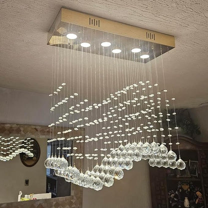 Modern Gold Wave Rectangular Chandelier for Dining Room Over Table, 6-Lights Raindrop Elegant Ceiling Light Fixture for Kitchen Island, Funny Flush Mount Pendant Light for Kids/Girls Room