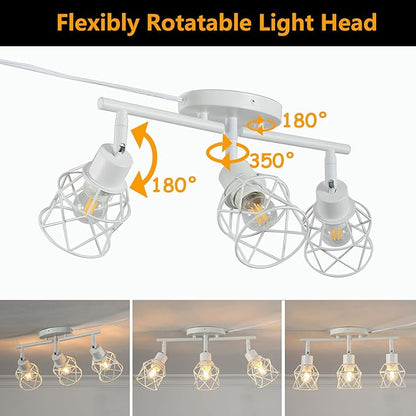 Dimmable White Plug in Track Lighting Kit,3 Light Plug in Ceiling Light with 16.5' Cord,Flexibly Rotatable Light Head,Modern Industrial Farmhouse Style(Bulbs Not Included)