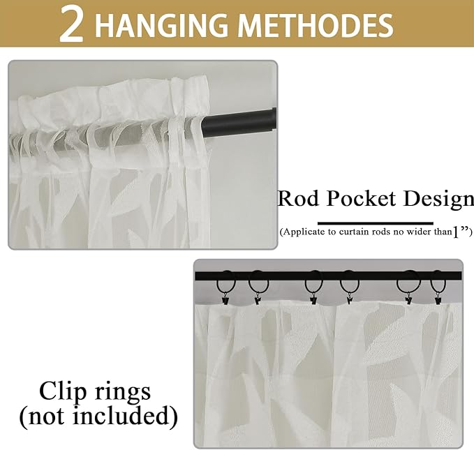 Gwine Ivory Sheer Curtains 30 Inch Length, Light Filtering Leaf Clip Jacquard Textured Short Cafe Curtains, Rod Pocket Half Window Curtain for Bathroom Basement RV Camper, 42x30 Inch, 2PCS