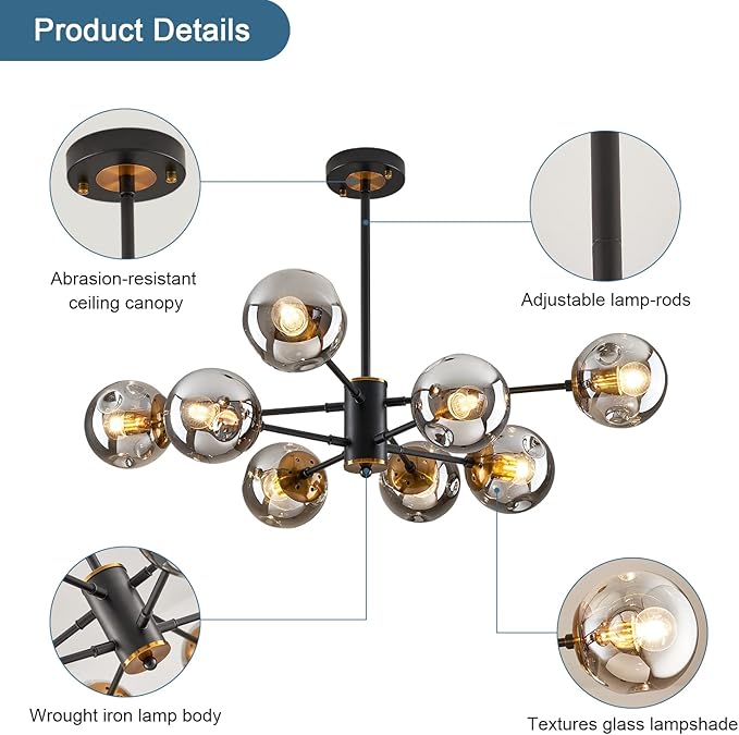 DDLLDESHI 8-Light Sputnik Black Chandelier with Globe Glass Black and Gold Pendant Lights Bubble Light Chandeliers for Dining Room Farmhouse Kitchen Living Room Bedroom Office
