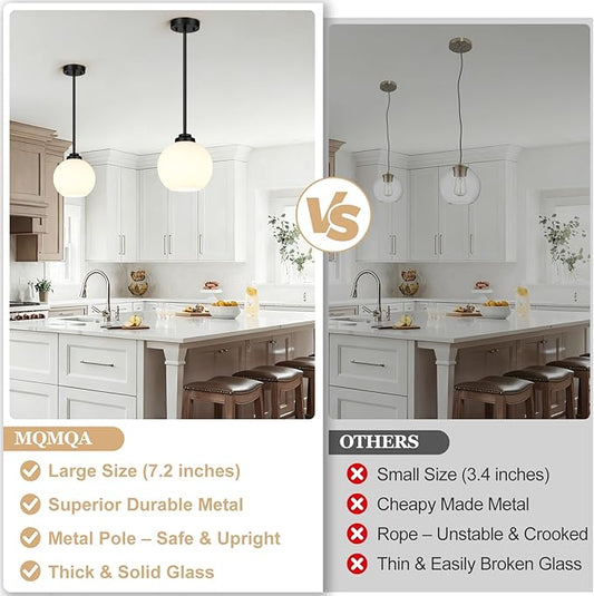 2 Pack 7.2-Inch Globe Pendant Lights, Mid Century Matte Black Pendant Light Fixtures, Globe Pendant Lights Kitchen Island with Milk Glass Shade Hanging Fixture for Dining Room Bulbs not Included