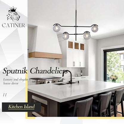 CATINER Modern Black Sputnik Chandelier, Large 4 Lights L31 '' Mid Century Long Ceiling Pendant Light with Smoke Gray Glass Globe Shades for High Ceiling Living Dining Room Foyer Bedroom
