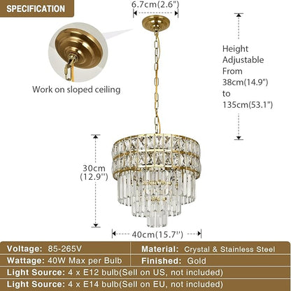 Modern Crystal Chandelier Gold Pendant, Round Crystal Light Fixture Hanging Lamp, for Dining Room, Restaurant, Hallway, Balcony, Φ15.7 inch