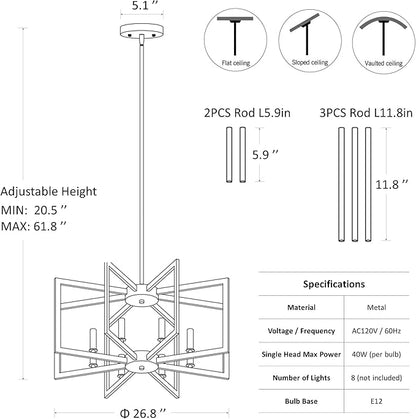 Klgxnrd 8-Light Modern Farmhouse Black Geometric Chandelier, Adjustable Height Dining Room Light Fixtures Over Table, Large Industrial Metal Chandeliers for Dining Room Kitchen Island Entryway