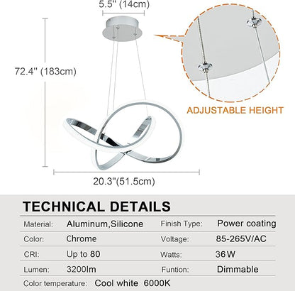 MAYNA LED Pendant Light with Irregular Ring Lights,Modern LED Chandelier, Dimmable Contemporary Ceiling Light Fixture for Dining Room Bedroom Kitchen Island Cafe, 6000K White