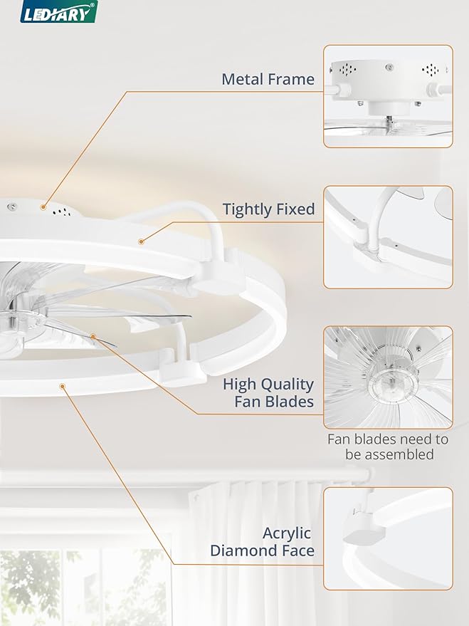 LEDIARY 2 Pack Ceiling Fans with Lights and Remote, 24'' Low Profile Ceiling Fan with Light, 3000-6000K Dimmable Fandelier LED Fan Light, 6 Wind Speeds, White Flush Mount Ceiling Fan for Bedroom
