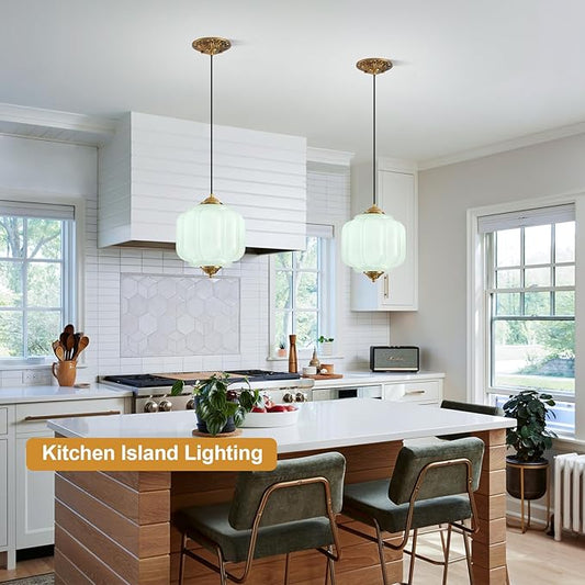 Green Glass Pendant Light, 9in Medium Schoolhouse Light Fixture, LED Bulb Included, Vintage Art Deco Chandelier for Kitchen Island Dining Room Bedroom Hallway, Green & Antique Gold 1 Pack