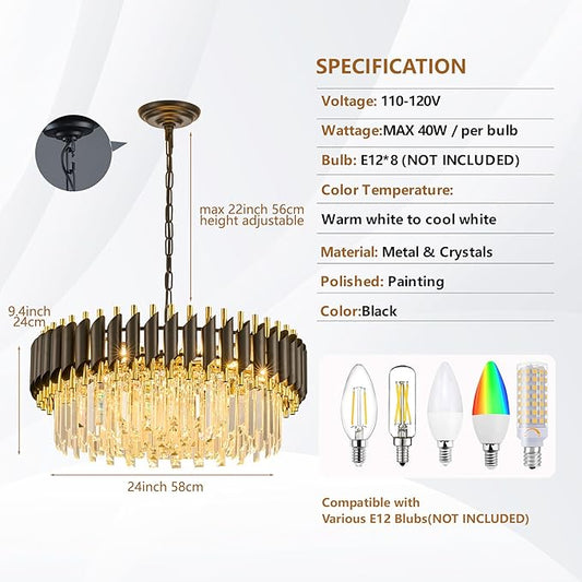 Black and Gold Crystal Chandelier Contemporary 24" with 5-Tier Modern Living Room Chandeliers K9 Crystal Ceiling Lights Fixtures for Dining Room Living Room Bedroom Foyer