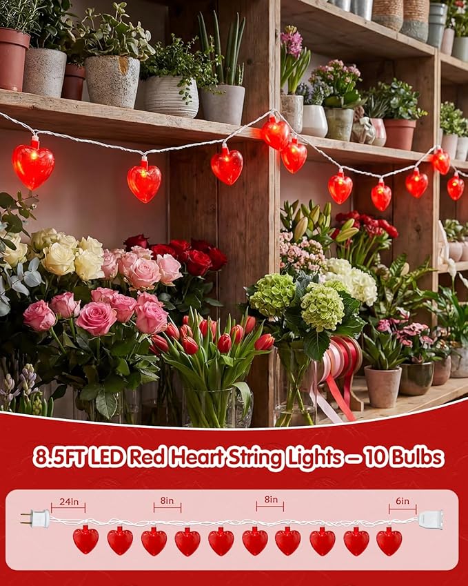 SUNSGNE 8.5Ft Red Heart String Lights, Valentines Lights with 10 LED Red Heart Bulbs for Valentine Mother's Day Wedding Anniversary Party Christmas Decor