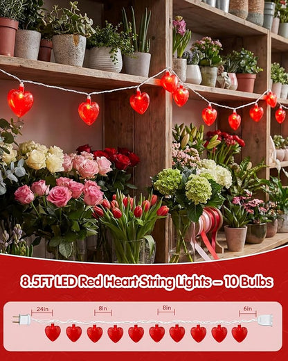 SUNSGNE 8.5Ft Red Heart String Lights, Valentines Lights with 10 LED Red Heart Bulbs for Valentine Mother's Day Wedding Anniversary Party Christmas Decor
